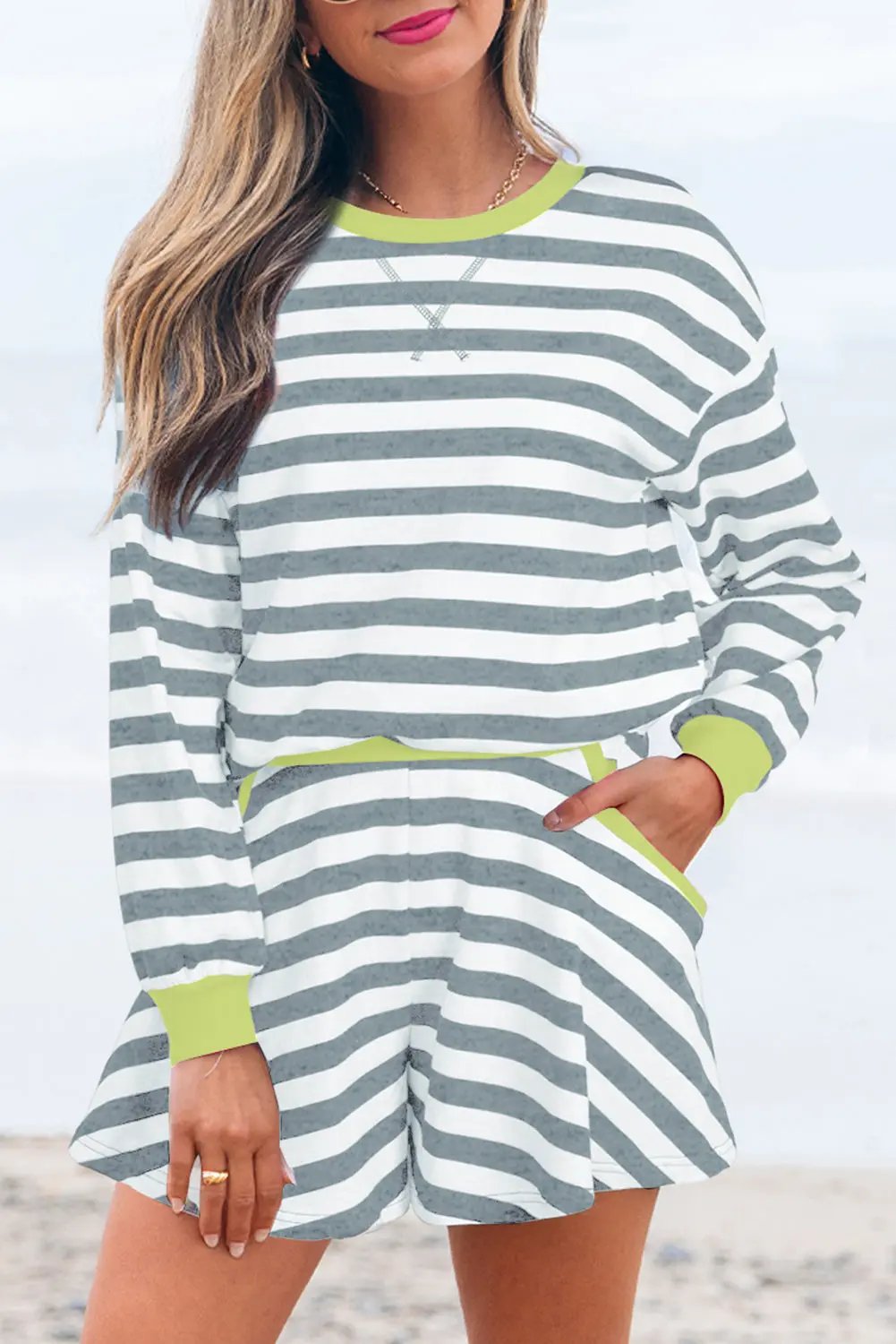 Premium Gray Stripe Ribbed Long Sleeve Blouse Plus Shorts Set Dear-Lover Dropshipping
